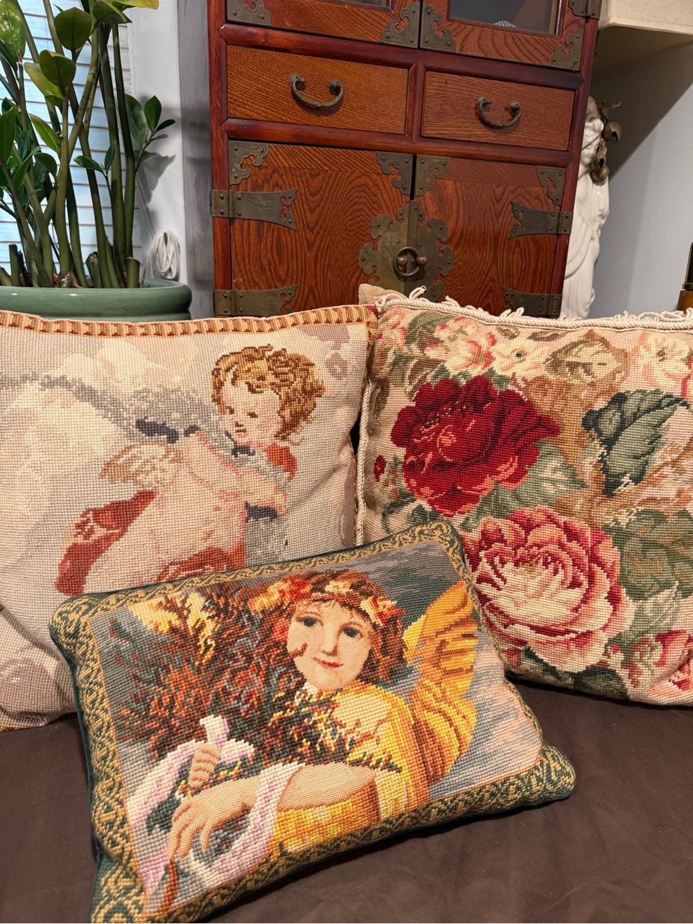 ♥️ Rare Lot 3 Vintage Petit Point FLORAL Needlepoint Pillows Cherub Roses Angel